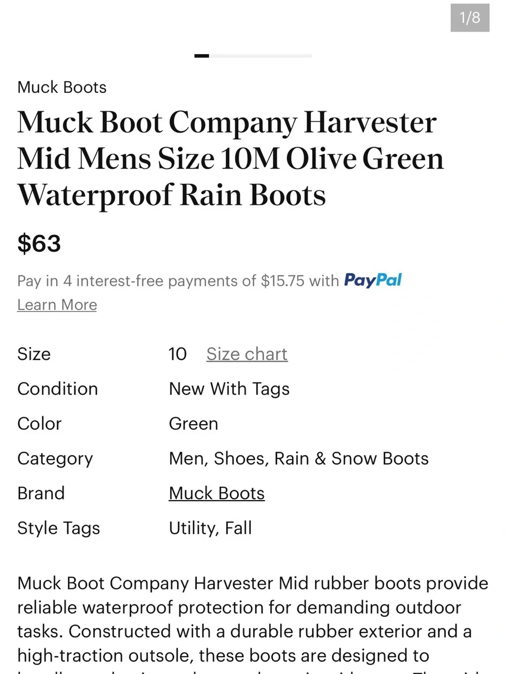 NIB The MUCK Boot Co Men’s Olive Green Harvester 12” Rubber Boot - Size 14